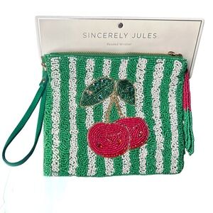 Sincerely Jules Cherry Beaded Green Wristlet
